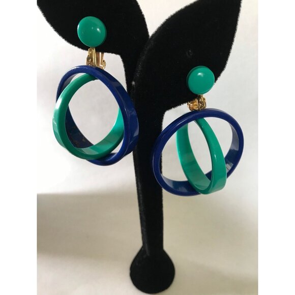 Vtg 1960's Mod Dangle Drop 2 Concentric Circles Clip On Earrings Deep Blue Turq - Picture 2 of 8